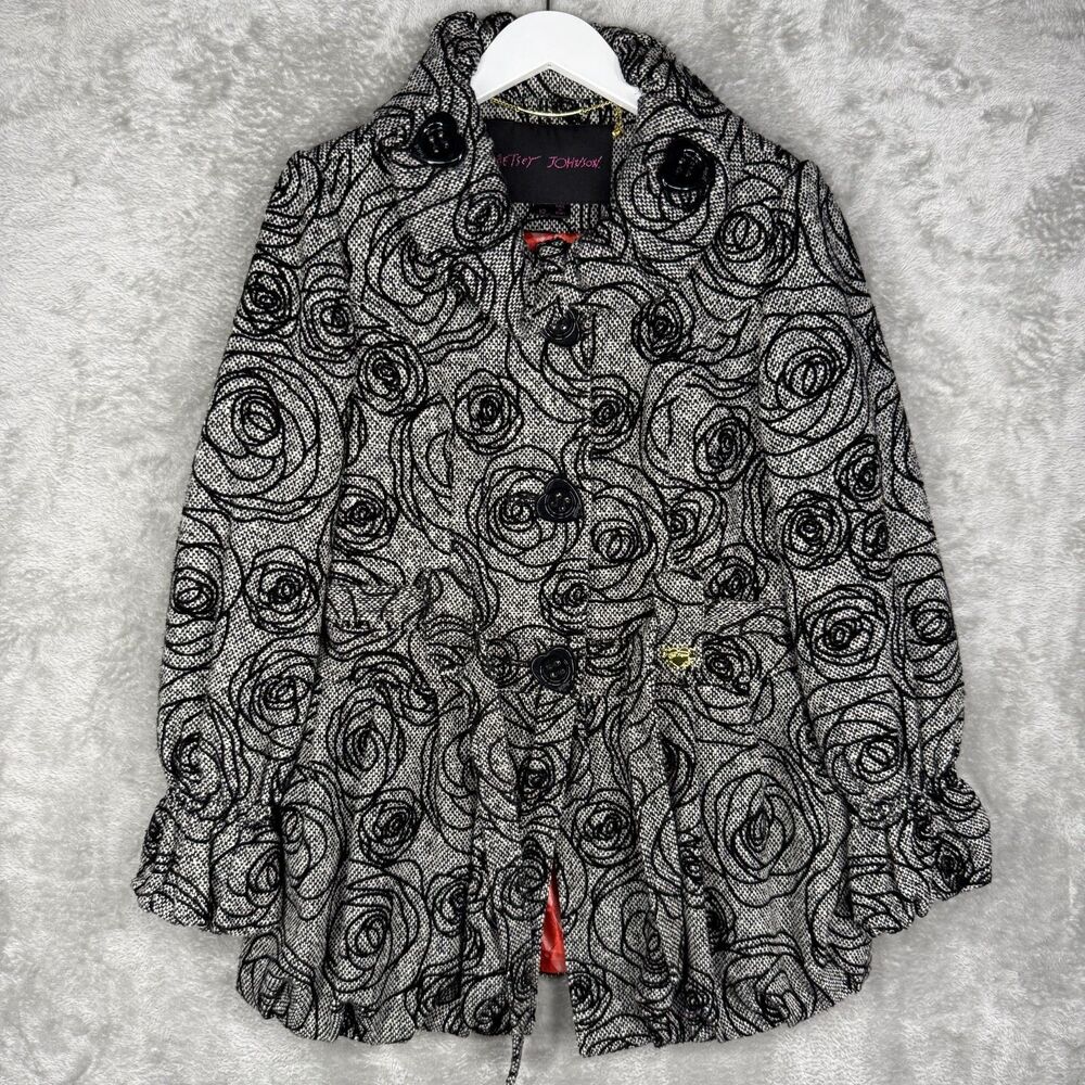 Betsey Johnson Jacket Womens Size 10 Rose Flower Embroidered Overcoat Gray Y2K